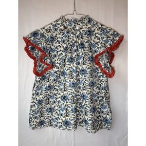 THML Wm Top L Floral Cotton Blouse Orange Coral Fringe Trim Boho Peasant Flutter